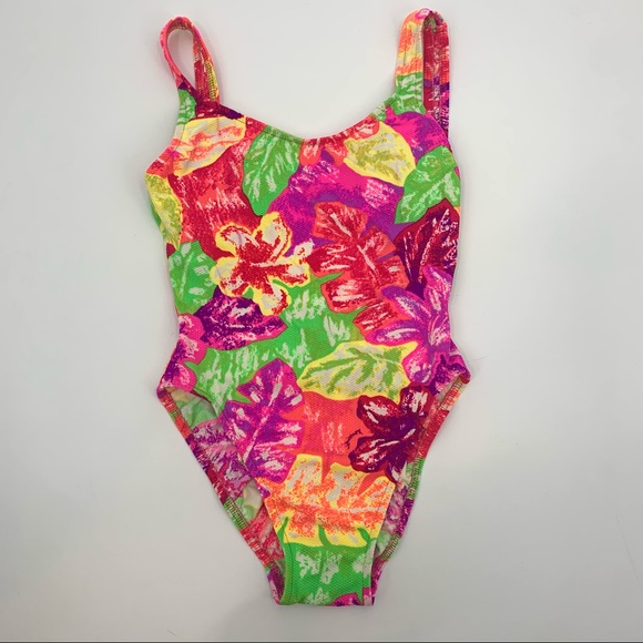 Vintage One Piece Swimsuit in Neon Tropical Floral Print - Picture 1 of 5
